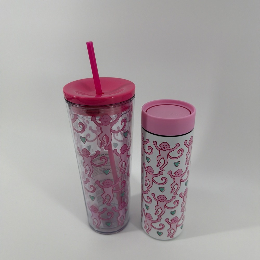 💞SET OF 2- Starbucks x Roller Rabbit Pink Monkey Tumbler & Cup NEW 2025